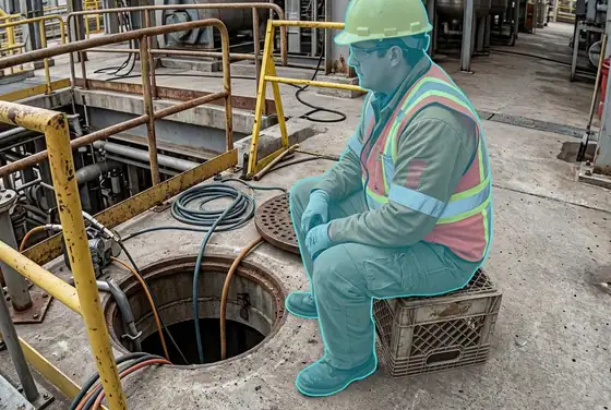 AI segmentation mask on a standby attendant watching the confined-space opening