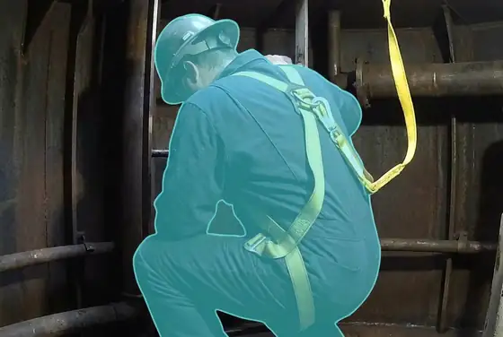 AI segmentation mask on a retrieval lifeline attached to an entrant inside a vessel