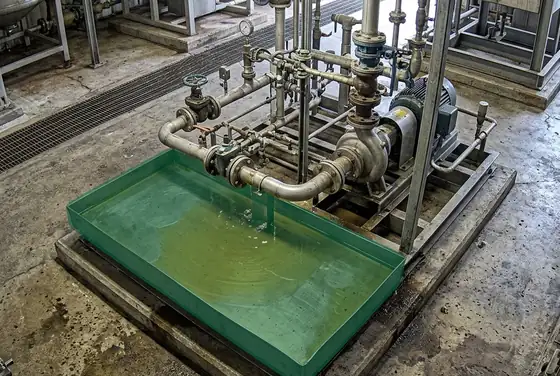 AI segmentation mask on a chemical drip tray filling up at a pump skid