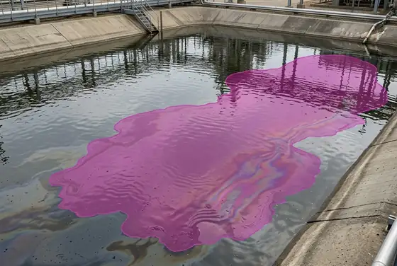 AI segmentation mask on an oil sheen spreading on a process-water pond