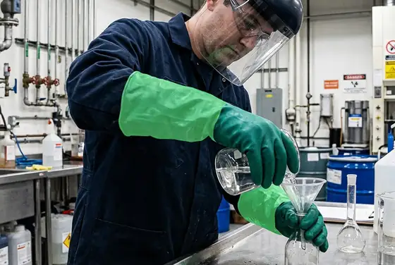 AI segmentation mask highlighting chemical-resistant gloves on a worker handling solvents