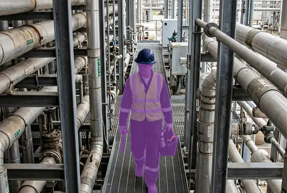 AI segmentation mask on a person walking between live piperacks