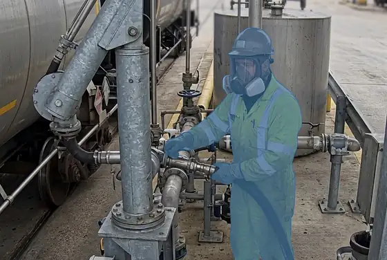 AI segmentation mask on a full-face gas respirator worn by a worker at a loading arm