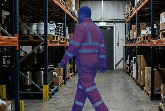 AI segmentation mask on a hi-vis flame-resistant coverall with reflective stripes