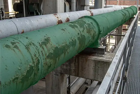 AI segmentation mask on external corrosion and rust staining on an overhead pipe