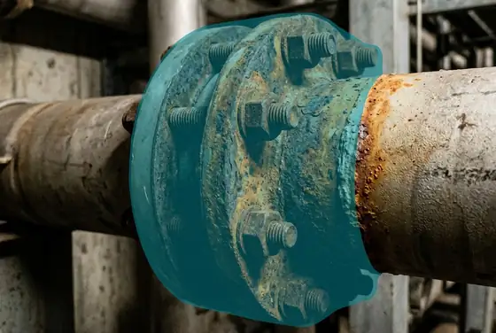 AI segmentation mask on flange face corrosion and bolt thread rust