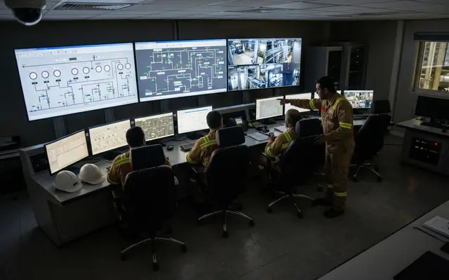 Workers on a process unit each outlined by a translucent segmentation mask following their silhouette