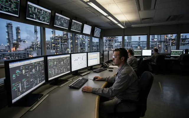 Operators in a modern control room verifying process and PPE alerts on a video wall