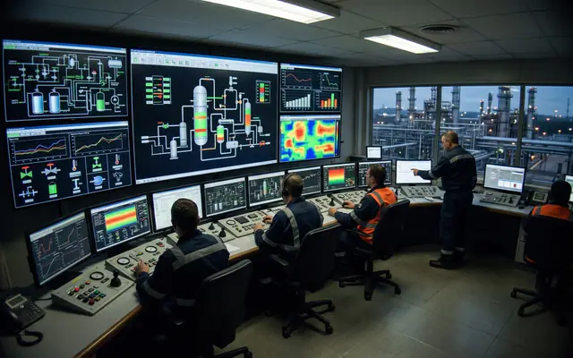 A wall monitor showing a live plant operations dashboard with charts, alarms and camera tiles