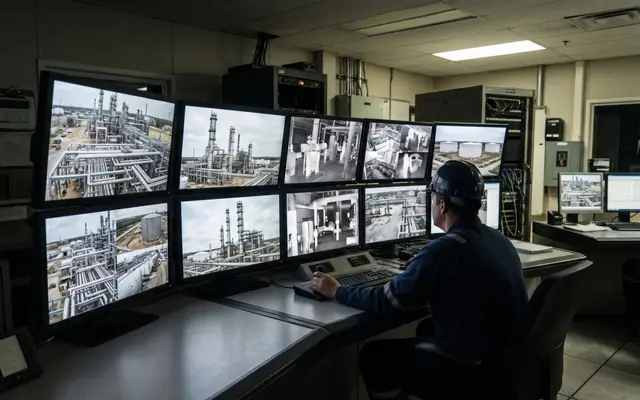 An existing CCTV camera on a tank farm with a small edge-AI box beside it