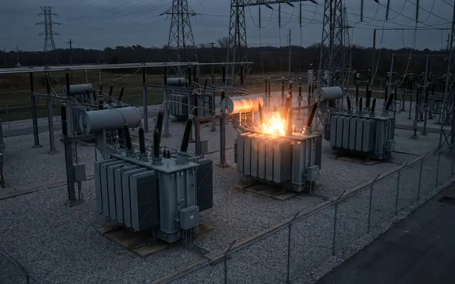 A substation transformer shown through a thermal camera with a bright hotspot on the tank