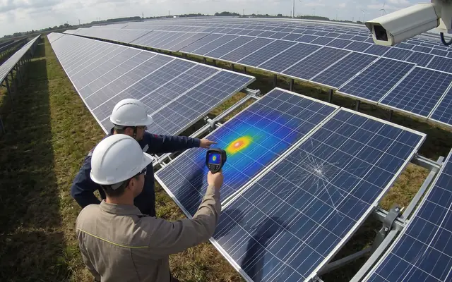A thermal drone image of a solar field with a single module glowing in red as a hotspot