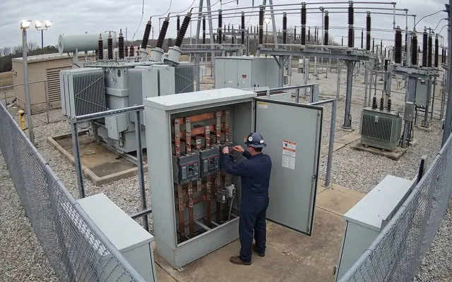 A worker standing in front of a battery rack wearing plain clothes, no arc-rated suit