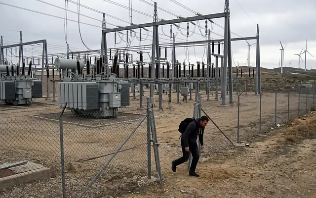 A figure climbing over a chain-link fence into a substation yard at night