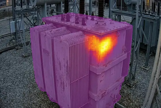 AI segmentation mask on a transformer tank hotspot glowing through a thermal overlay