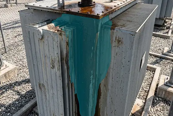 AI segmentation mask on an oil leak staining a transformer tank