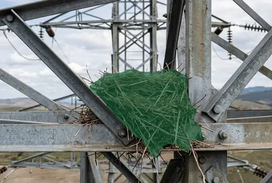 AI segmentation mask on a bird nest sitting on a transmission tower cross-arm
