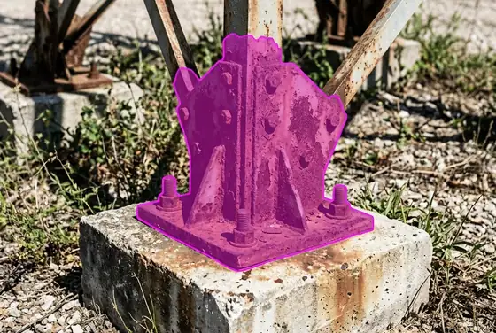 AI segmentation mask on tower base corrosion at ground level
