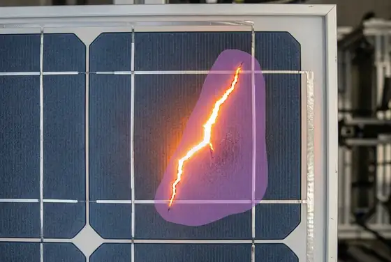 AI segmentation mask on a hot cell microcrack glowing on a thermal PV scan
