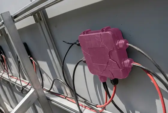 AI segmentation mask on a cracked junction box at the back of a PV panel
