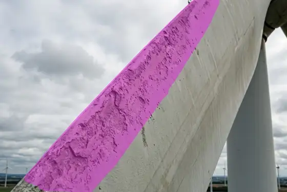 AI segmentation mask on leading-edge erosion roughness along a turbine blade