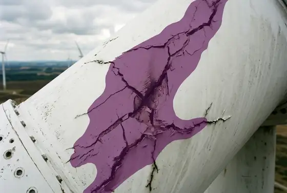 AI segmentation mask on a lightning-strike crack on a wind blade surface