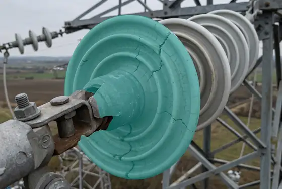 AI segmentation mask on a cracked insulator disc on a transmission string
