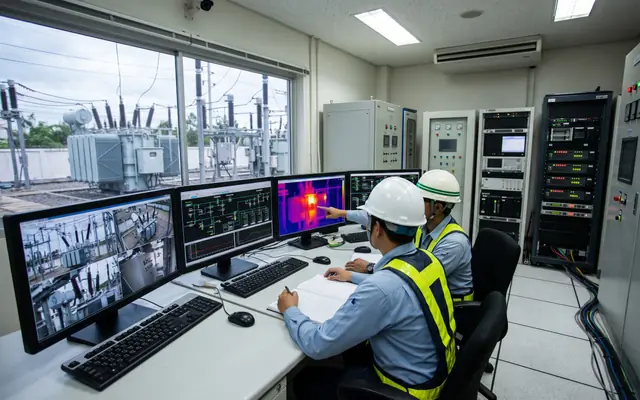 A worker with the helmet and vest highlighted by separate segmentation masks for PPE detection