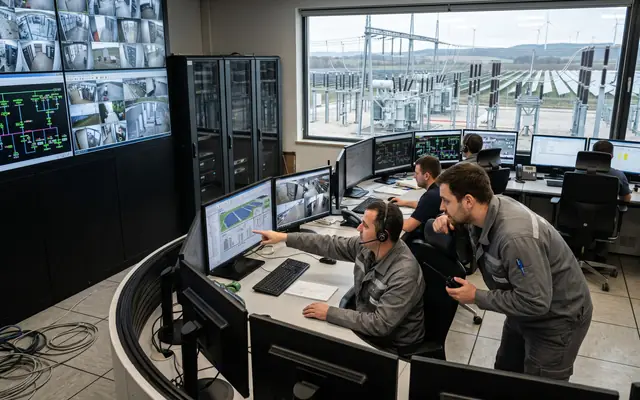 Operators in a modern safety control room verifying alerts on a video wall