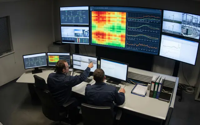 A screen showing a substation and solar farm map with colour-coded risk heat zones