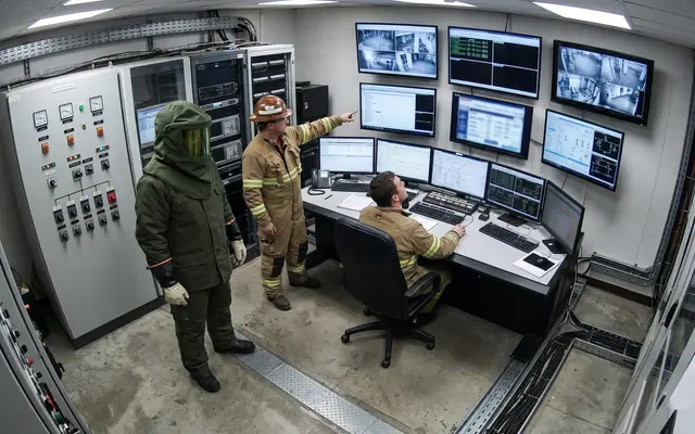 A worker at a live panel with an arc-flash PPE overlay, compliance monitoring