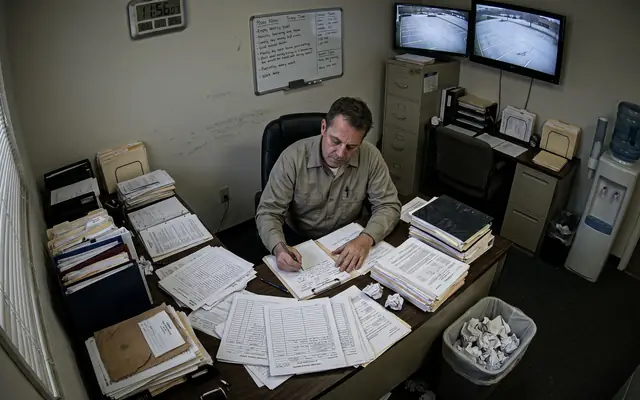 A cluttered site safety office desk covered with paper incident forms and clipboards