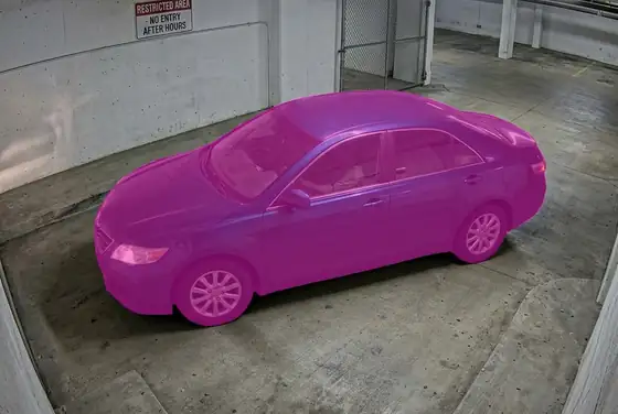 AI segmentation mask on a vehicle entering a basement restricted area outside hours