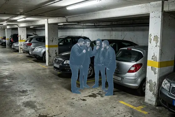 AI segmentation mask on a small group gathering suspiciously in a basement car park