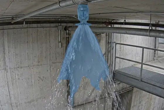 AI segmentation mask on water flowing from a triggered sprinkler head in a tower