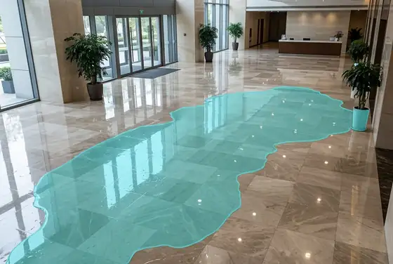 AI segmentation mask on water pooled on a polished lobby floor after a leak