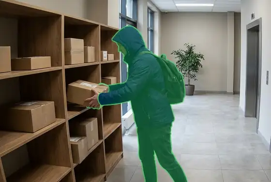 AI segmentation mask on an unresident person picking up a parcel from a lobby shelf
