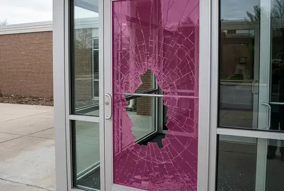 AI segmentation mask on a shattered glass entrance door panel