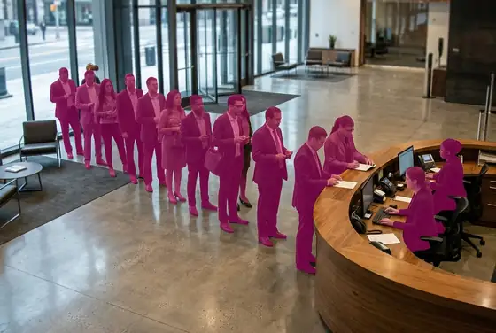 AI segmentation mask on a growing queue at a tower reception desk
