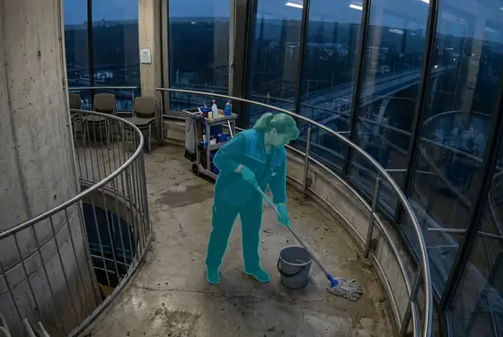 AI segmentation mask on a single cleaner working alone in a closed tower