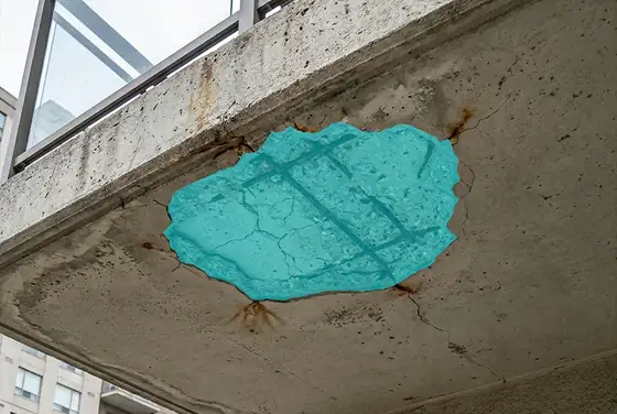 AI segmentation mask on a spalled patch of concrete on a balcony soffit