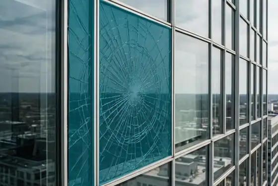 AI segmentation mask on a cracked curtain-wall glass panel on a tower elevation