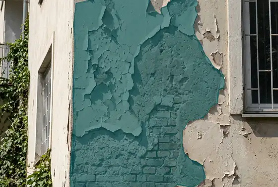AI segmentation mask on peeling paint and exposed render on a residential block