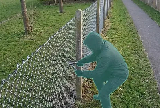 AI segmentation mask on a person cutting through a community perimeter fence