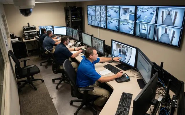 Operators in a modern safety control room verifying alerts on a video wall