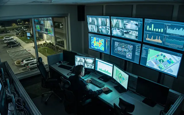 A wall monitor showing a live safety operations dashboard with charts and camera tiles