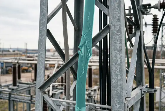 AI segmentation mask flagging a damaged feeder cable running up a tower