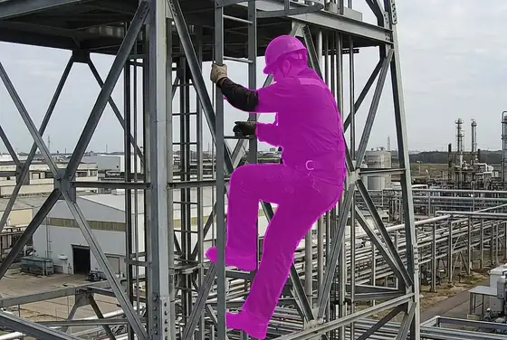 AI segmentation mask flagging a climber with no fall-arrest harness