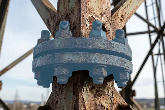 AI segmentation mask on rusted bolts and flanges of a tower connection