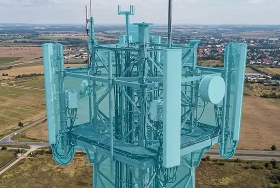 AI segmentation mask on a drone close-up of a tower top during inspection flight